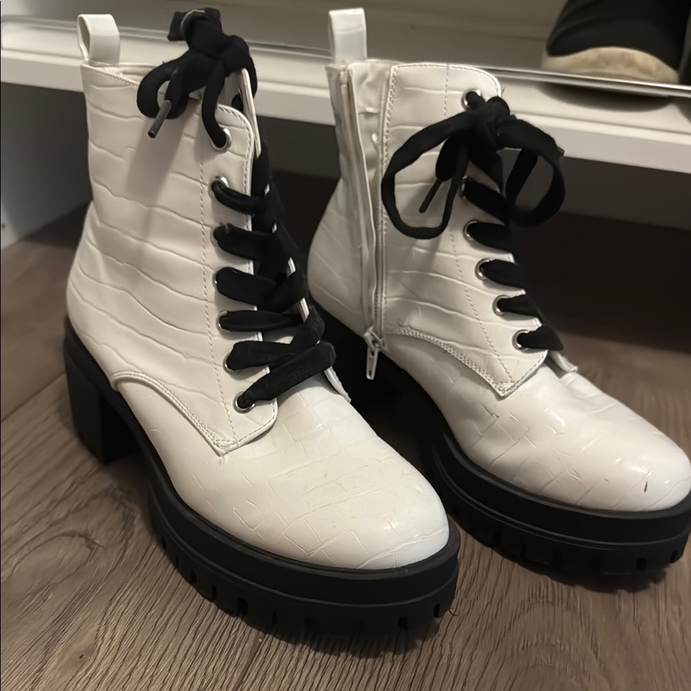 White and Black Lace Up Platform Boots